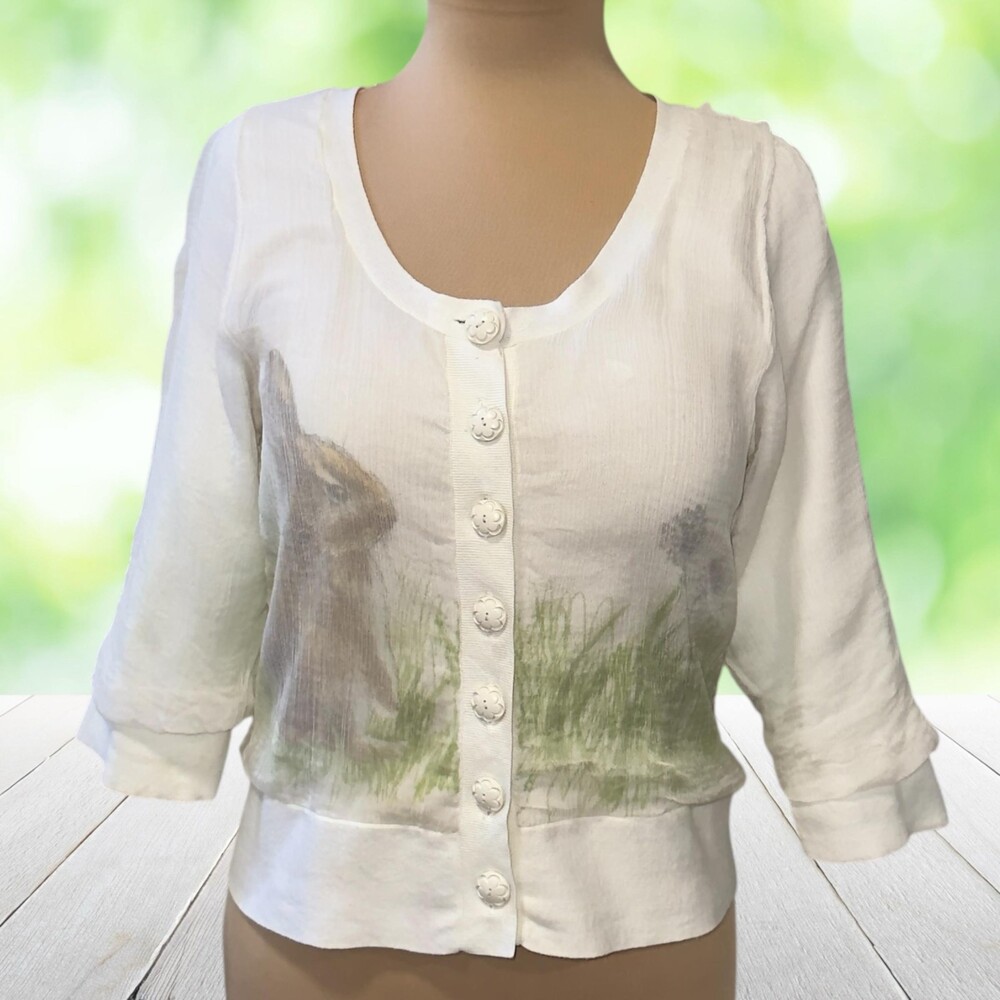 ANTHROPOLOGIE Sweater Rabbit Hole Cardigan Sheer Silk Overlay Bunny Cropped Sz S